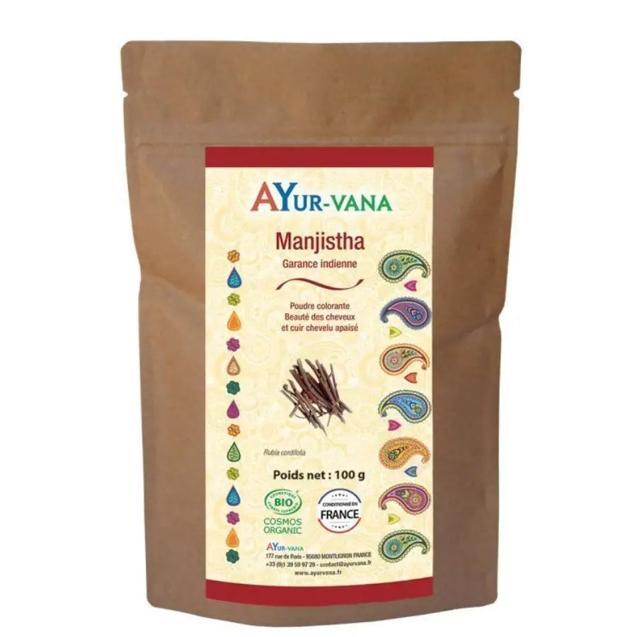 Un sachet de poudre de Manjishta de 100g de la marque Ayur Vana