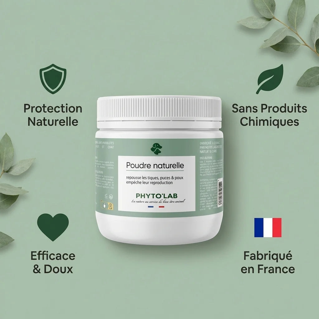 Poudre Noire Naturelle Phytolab anti-puces et tiques 350g avec avantages produit