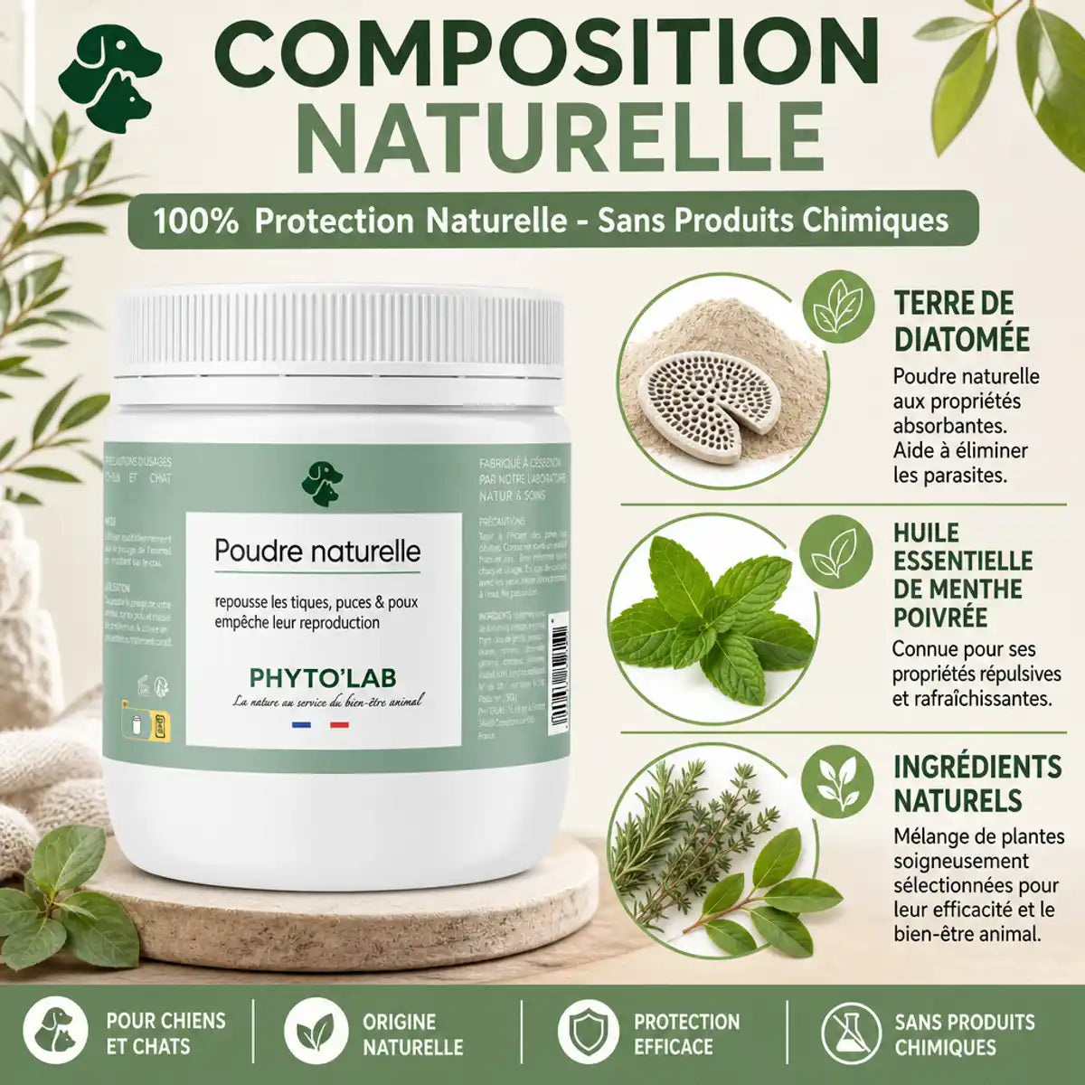 Poudre noire naturelle Phyto'Lab anti-puces tiques 350g composition terre diatomée menthe poivrée