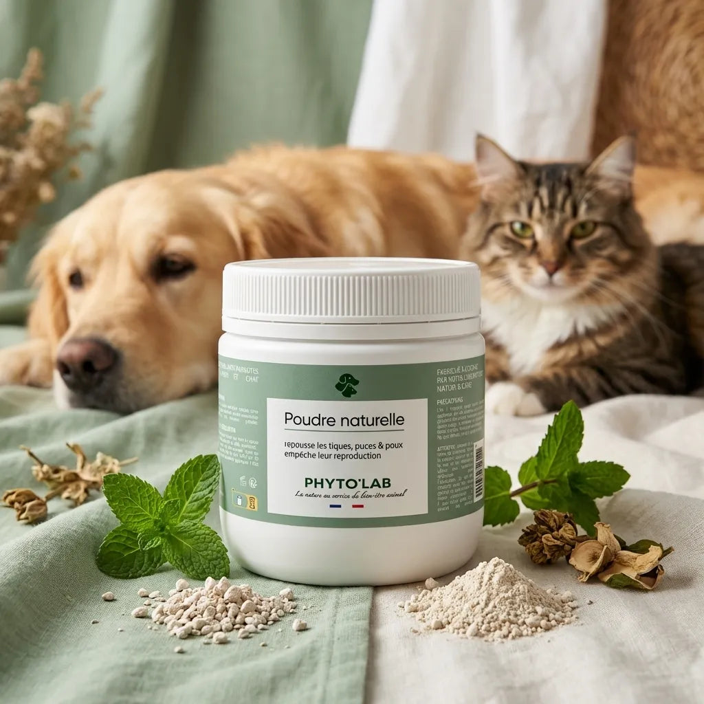 Poudre noire naturelle anti-puces tiques Phytolab 350g avec chien et chat