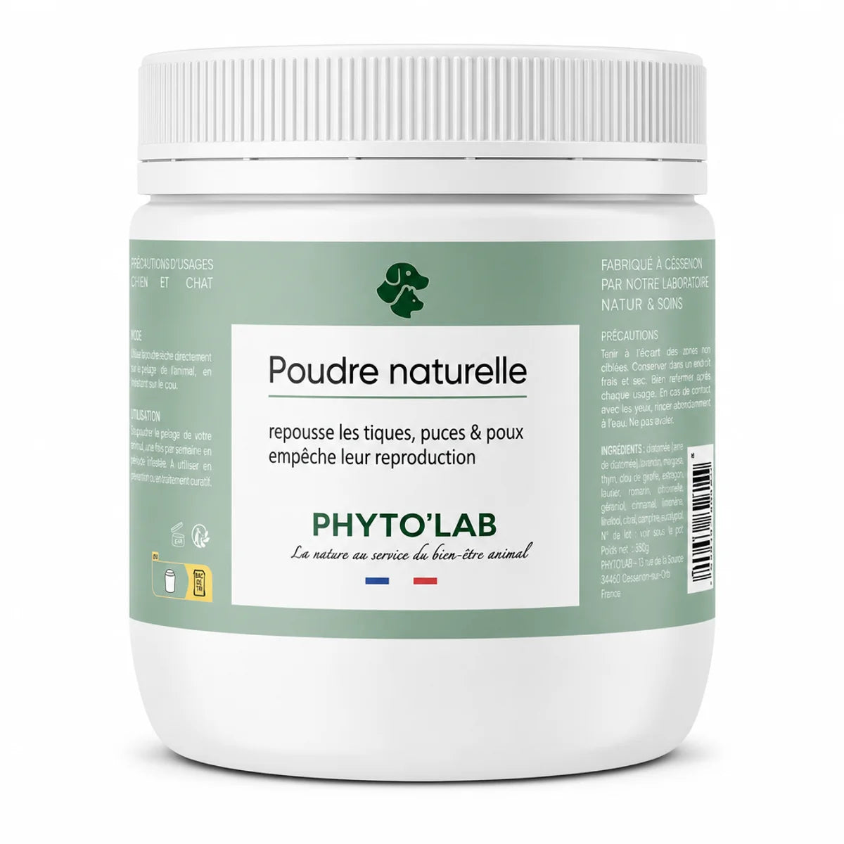 Poudre Noire Naturelle Anti-Puces et Tiques 350g Phyto'Lab pot vert