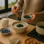 Photo d'une personne en train d'ajouter de la Pep’s bio (de spiruline en poudre) de la marque Etika Spirulina, dans une préparation culinaire
