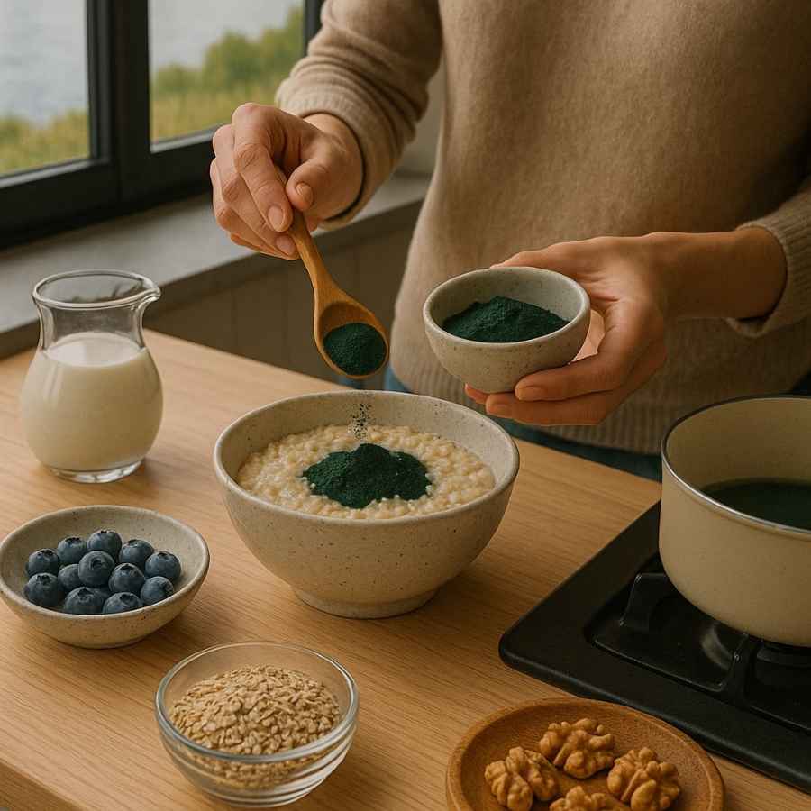 Photo d'une personne en train d'ajouter de la Pep’s bio (de spiruline en poudre) de la marque Etika Spirulina, dans une préparation culinaire