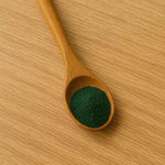 Une cuillère en bois remplie de spiruline en poudre Pep's Bio de la marque Etika Spirulina