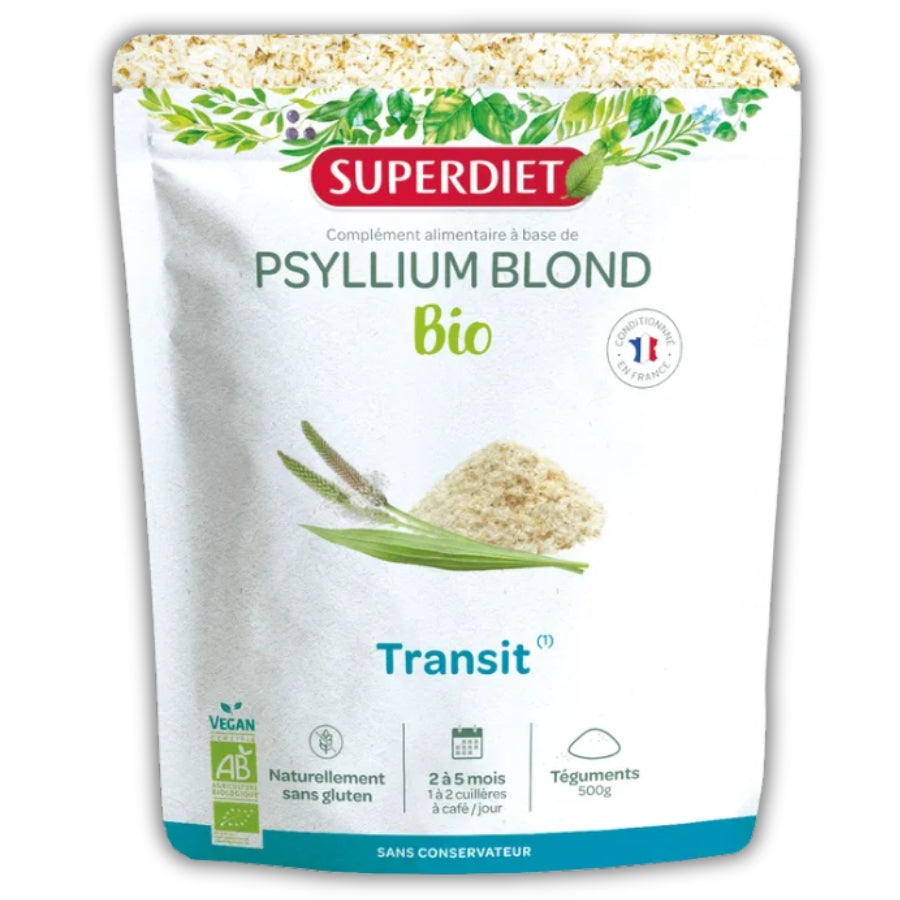 Face avant d'un sachet de Psyllium Blond Bio Téguments de 200 G de la marque Superdiet