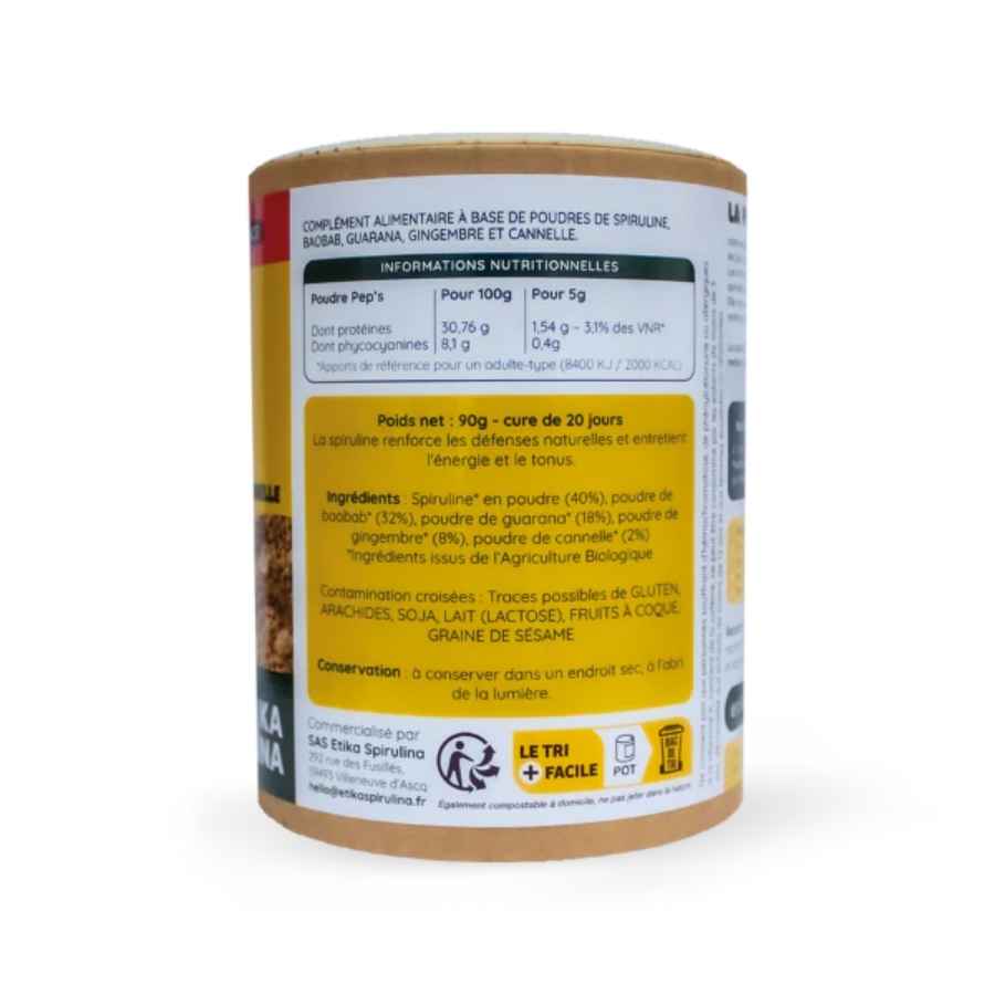 Le dos d'une boite de poudre Pep’s bio, de 90 g de spiruline en poudre, de la marque Etika Spirulina