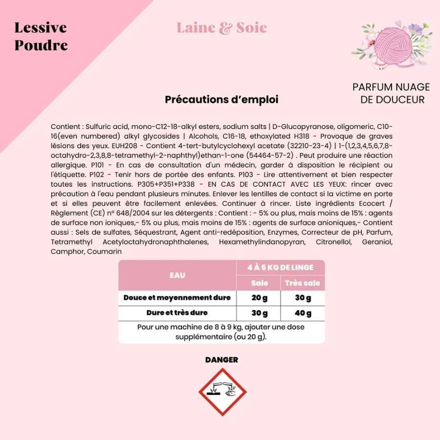 Précautions d'emploi de la lessive en poudre laine et soie de la marque Pimpant