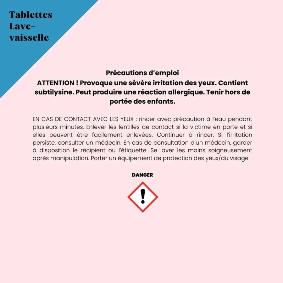 Précautions d'emploi des tablettes pour lave-vaisselle de la marque Pimpant