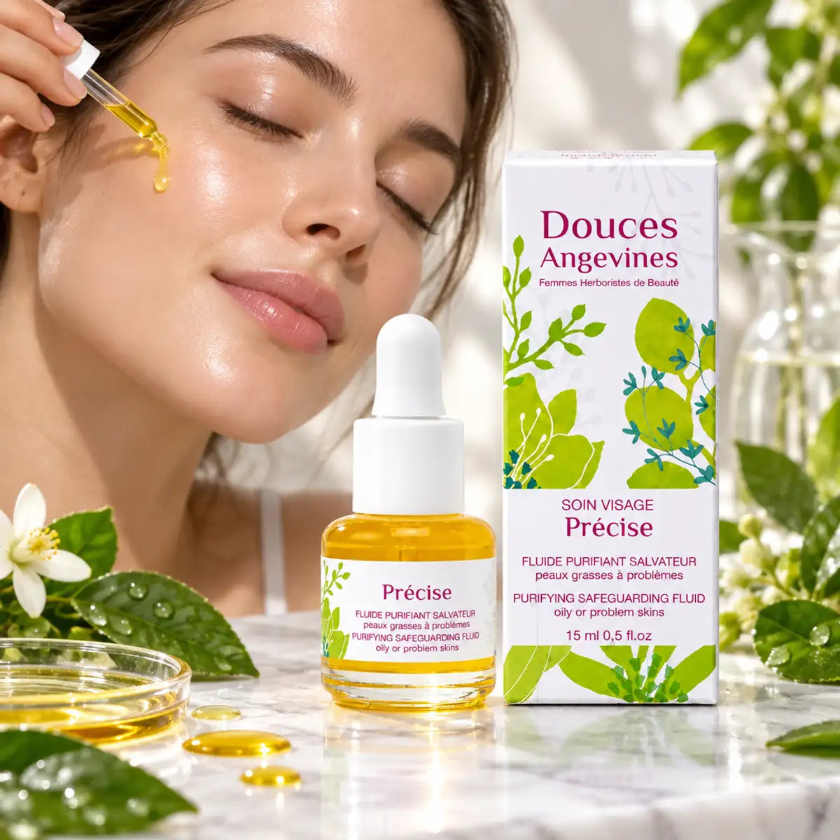 Précise Douces Angevines soin purifiant anti-imperfections avec packaging blanc et flacon doré