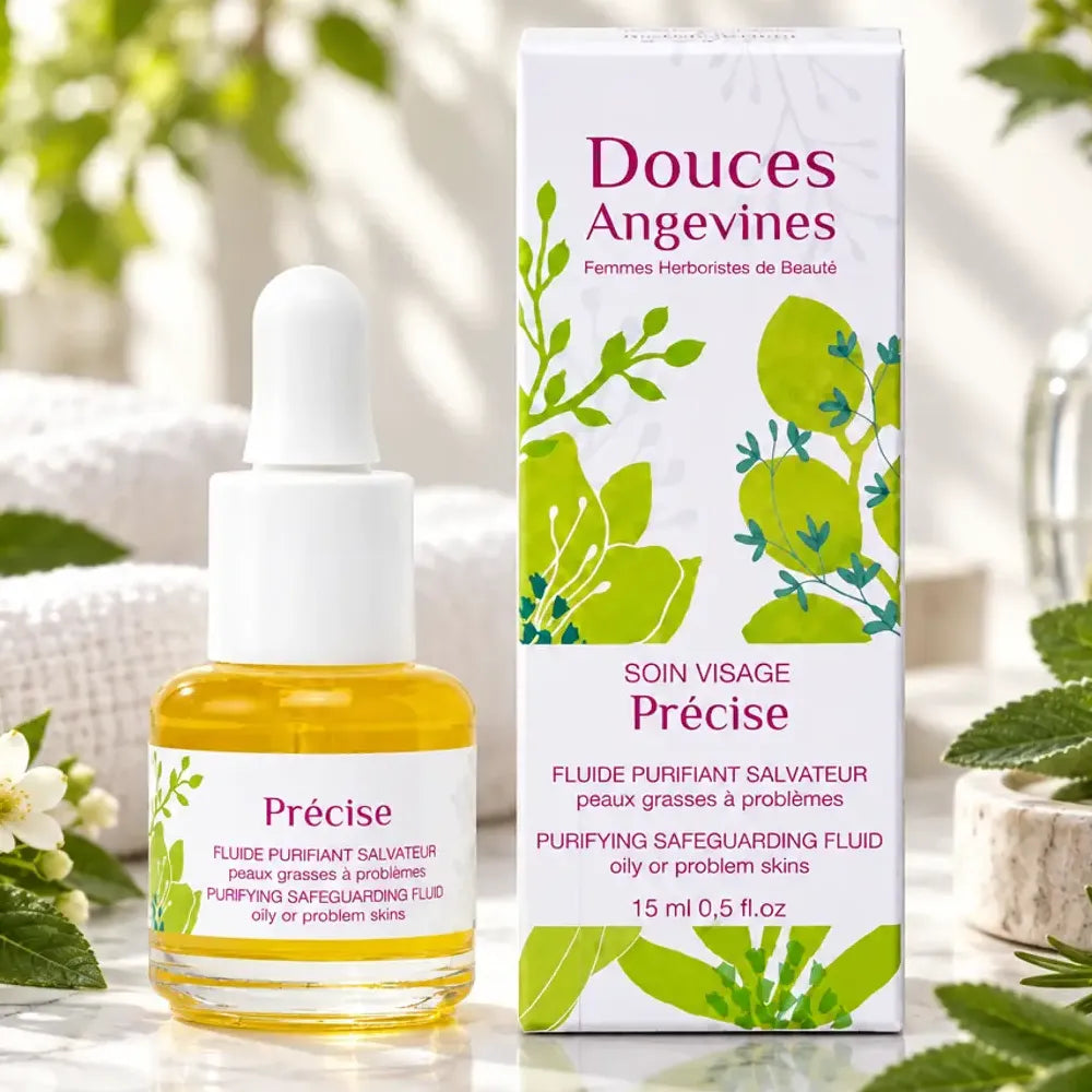 Précise Douces Angevines - Fluide purifiant anti-imperfections en flacon compte-gouttes blanc avec emballage botanique