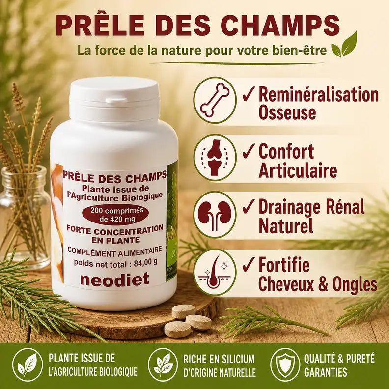 Prêle des champs Neodiet 200 comprimés avec bénéfices santé : reminéralisation osseuse et confort articulaire