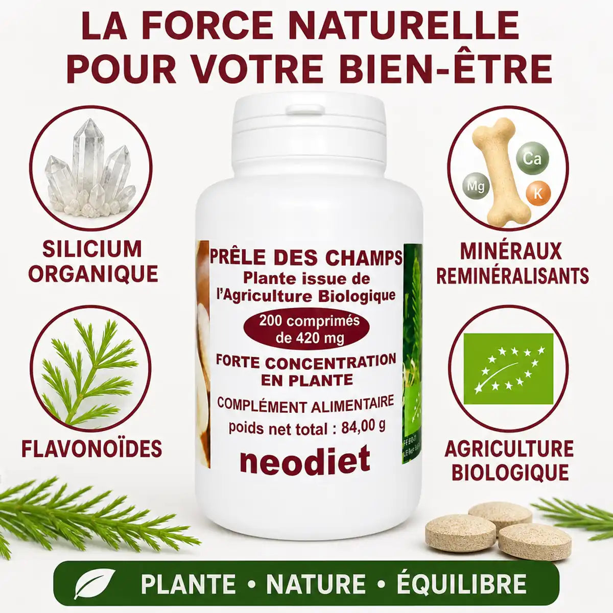 Prêle des champs Neodiet 200 comprimés - Silicium organique et minéraux reminéralisants biologiques