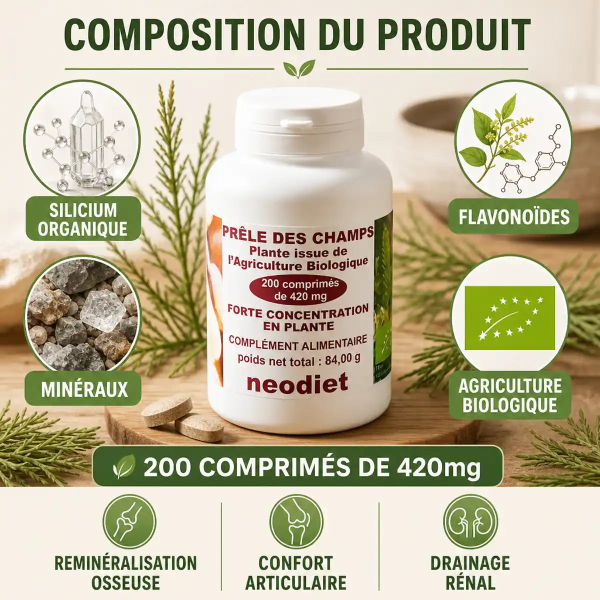 Prêle des Champs Neodiet 200 comprimés - Bouteille avec silicium organique et minéraux pour santé osseuse
