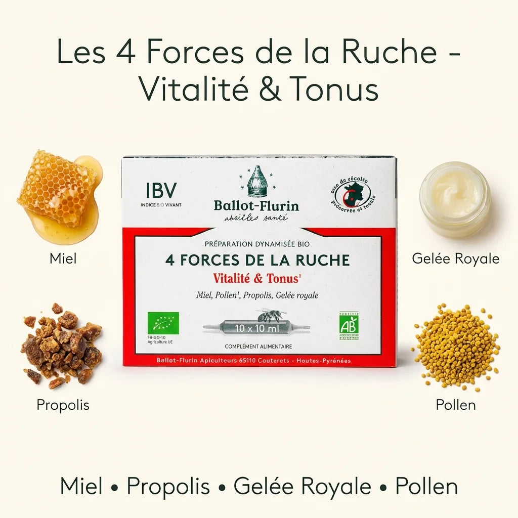 Ballot-Flurin 4 Forces Ruche bio : miel, propolis, gelée royale et pollen pour vitalité et tonus