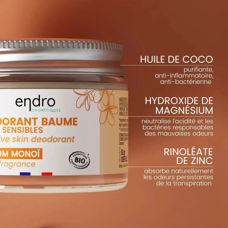 Principes actifs du déodorant baume au monoï de la marque Endro