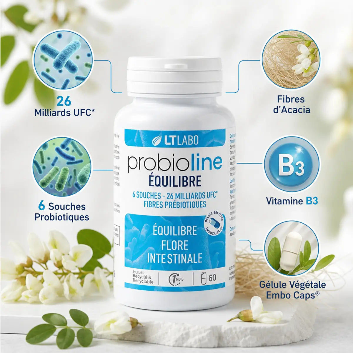 Probioline Equilibre flore intestinale 26 milliards UFC 6 souches probiotiques composition