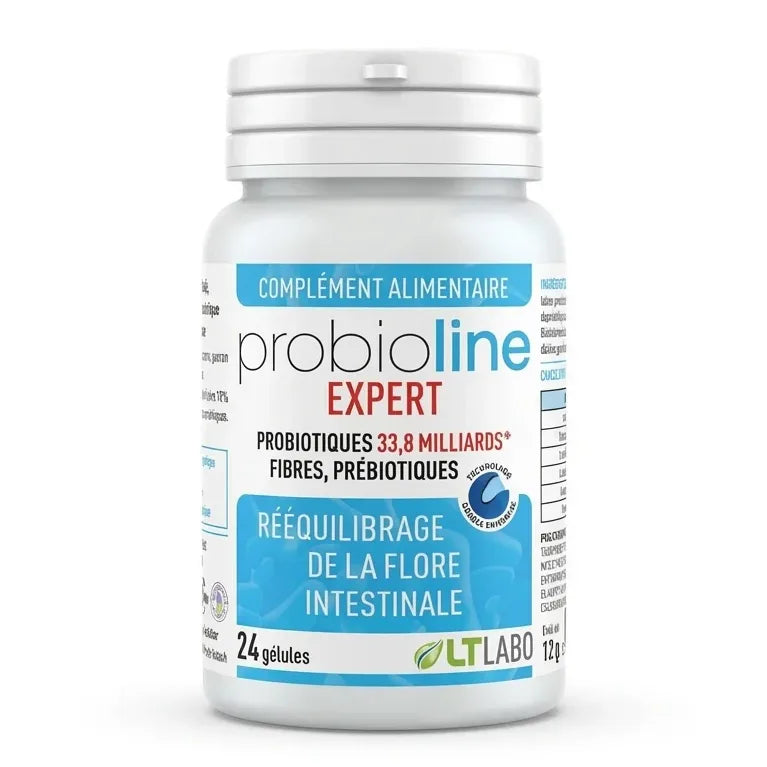 Probioline Expert flore intestinale 24 gélules LT Labo flacon blanc et bleu