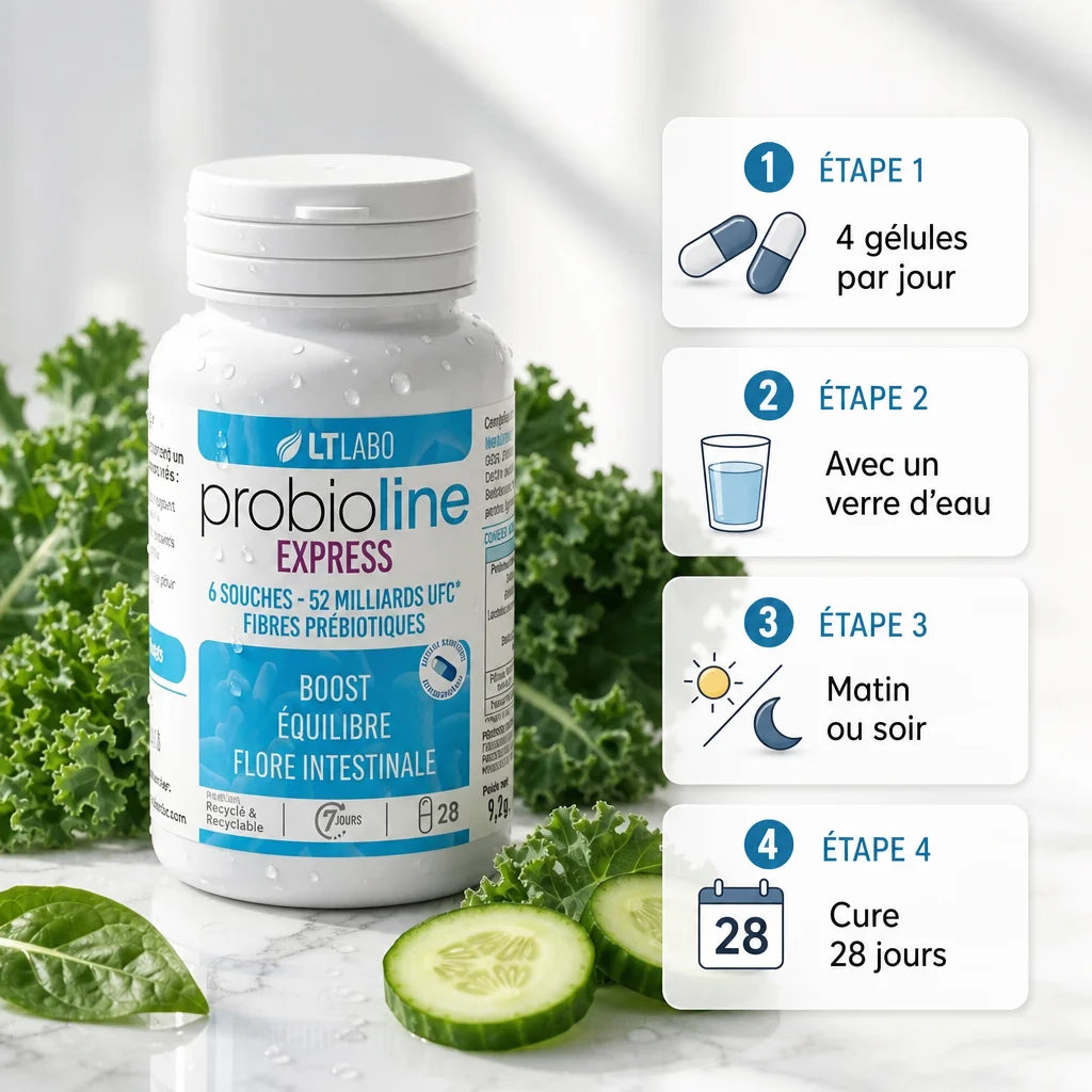 Probioline Expert 28 gélules LT Labo flore intestinale avec instructions dosage et ingrédients naturels
