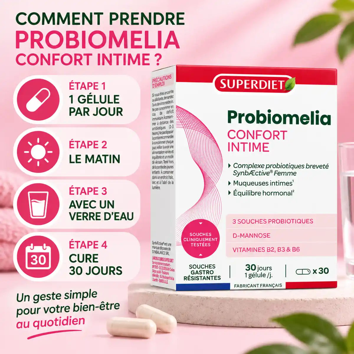 Probiomelia Confort Intime Superdiet 30 gélules avec guide posologie 1 gélule par jour pendant 30 jours
