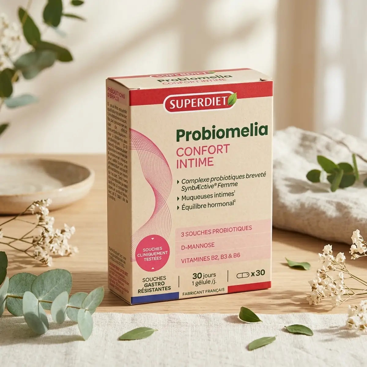 Probiomelia Confort Intime 30 gélules Superdiet sur surface wellness avec botaniques