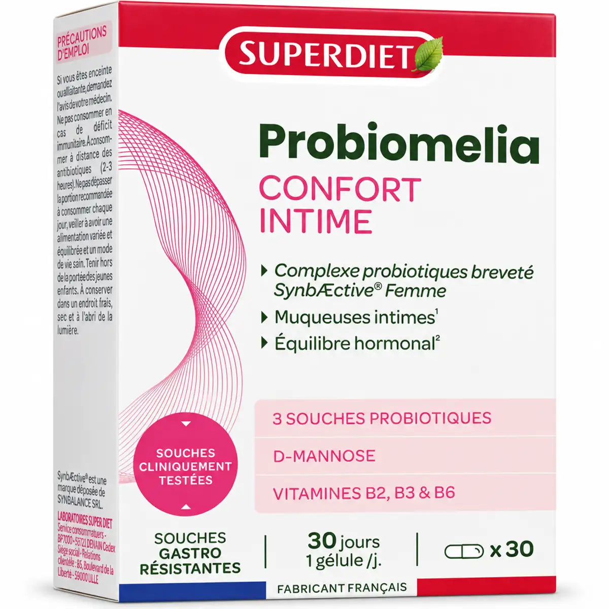 Probiomelia Confort Intime 30 gélules Superdiet - boîte produit sur fond blanc
