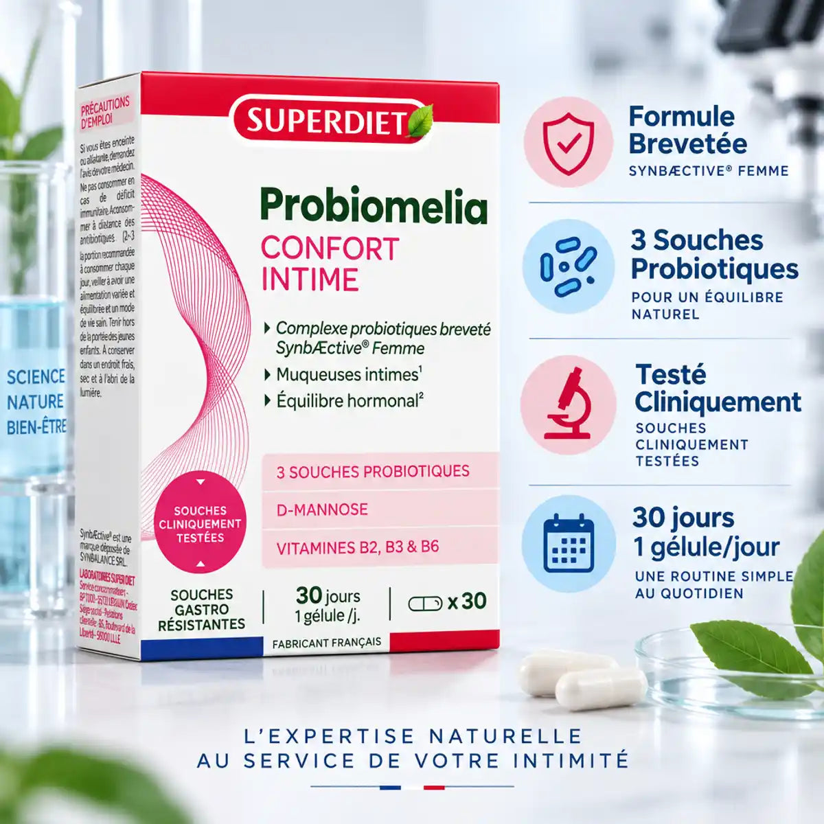 Probiomelia Confort Intime 30 gélules Superdiet - Formule probiotique brevetée testée cliniquement