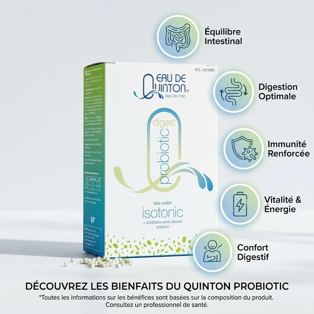 Eau de Quinton Probiotic 10 sachets avec icônes bénéfices digestion, immunité et vitalité