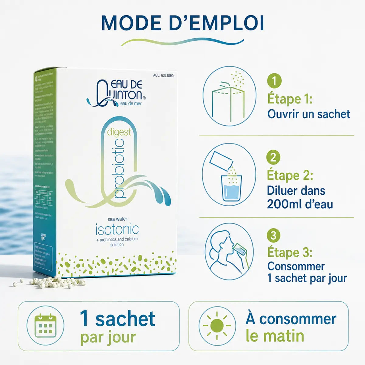 Eau de Quinton Probiotic 10 sachets avec guide d'utilisation - 1 sachet par jour le matin