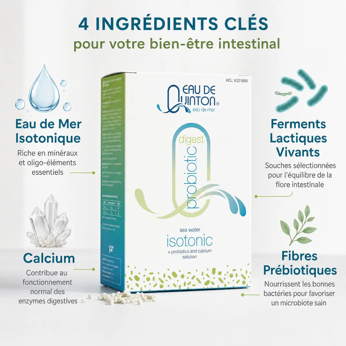 Sachet Quinton Probiotic avec ingrédients : eau de mer, ferments lactiques, calcium et fibres prébiotiques