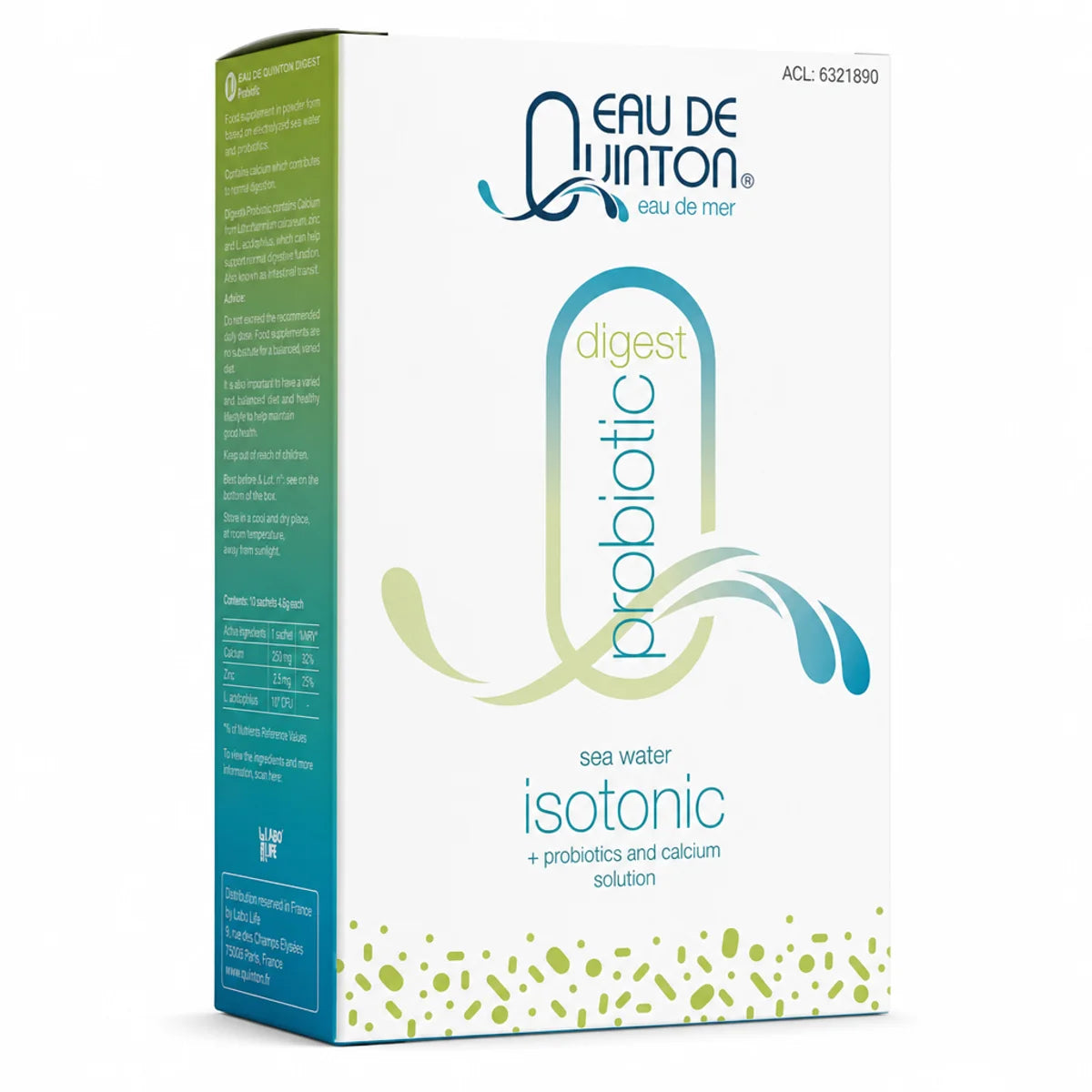 Boîte Eau de Quinton Probiotic 10 sachets, emballage vert-teal avec texte digest probiotic