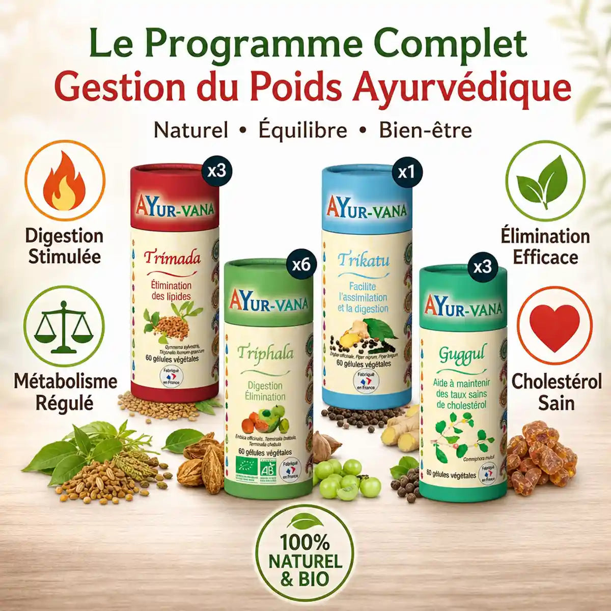 Programme Ayurvédique complet AyurVana : Triphala, Trikatu, Trimada et Guggul bio pour poids idéal
