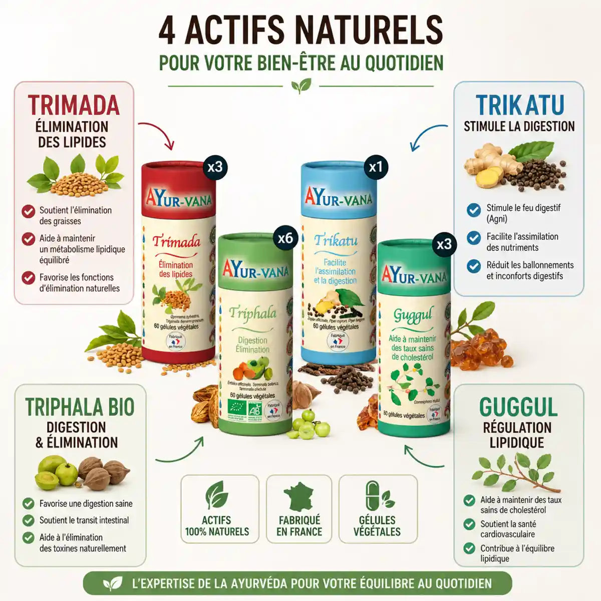Bouteilles compléments Triphala, Trikatu, Trimada, Guggul AyurVana pour poids idéal et digestion