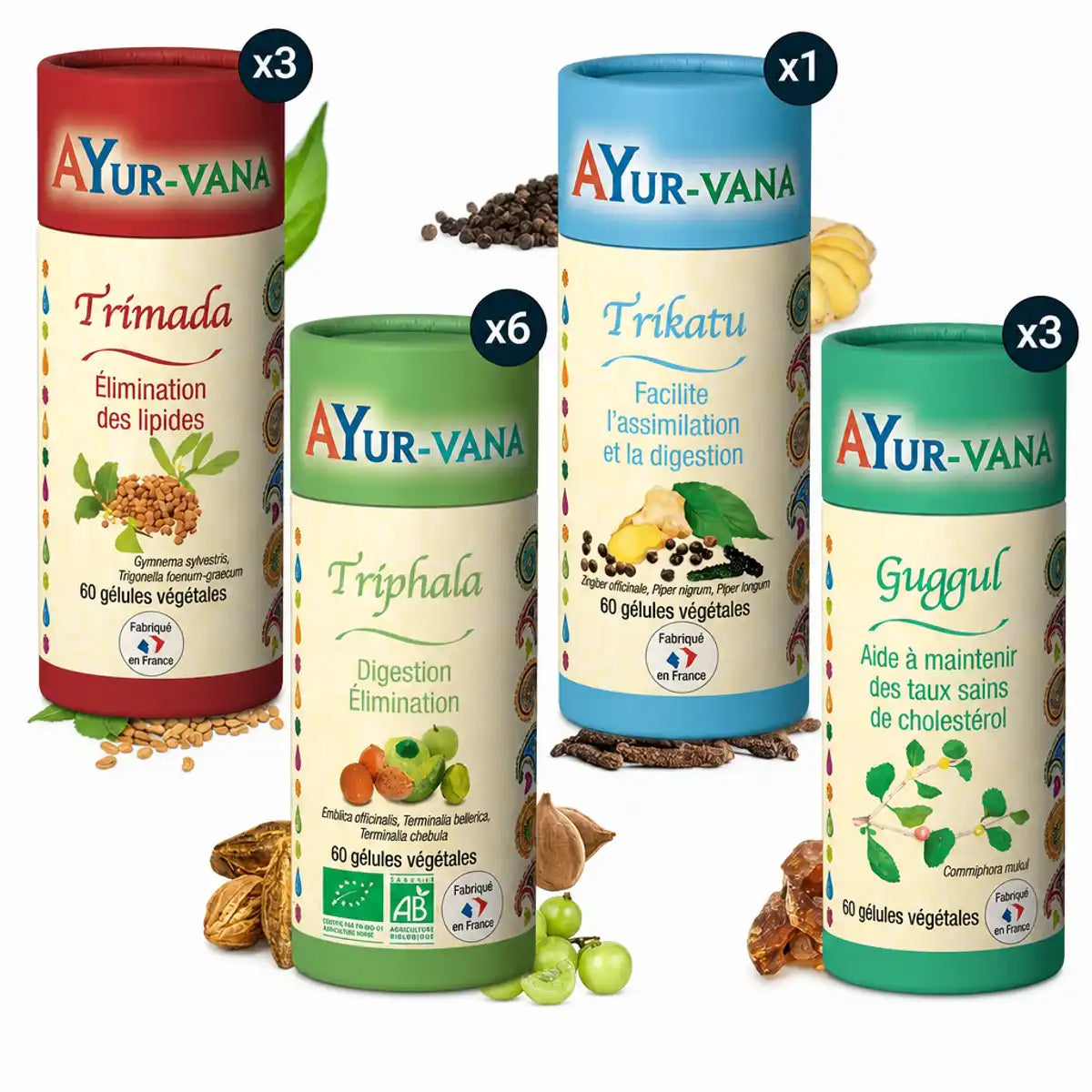 Ensemble programme Ayurvédique AyurVana : Triphala Bio, Trikatu, Trimada et Guggul pour poids idéal