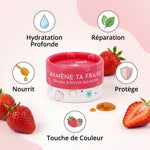 Baume à lèvres bio teinté Propolia Ramène ta Fraise avec icônes bénéfices hydratation et réparation