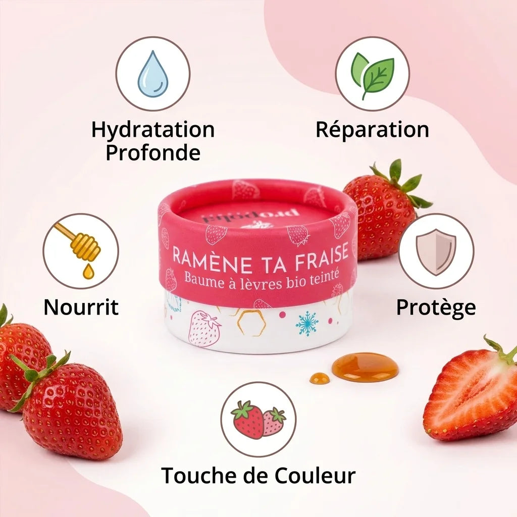 Baume à lèvres bio teinté Propolia Ramène ta Fraise avec icônes bénéfices hydratation et réparation
