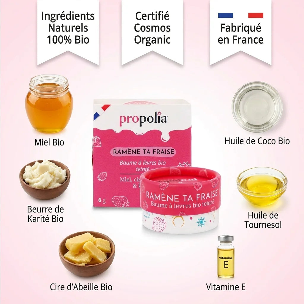 Propolia Baume à lèvres Bio Teinté Ramène ta Fraise avec ingrédients naturels certifiés