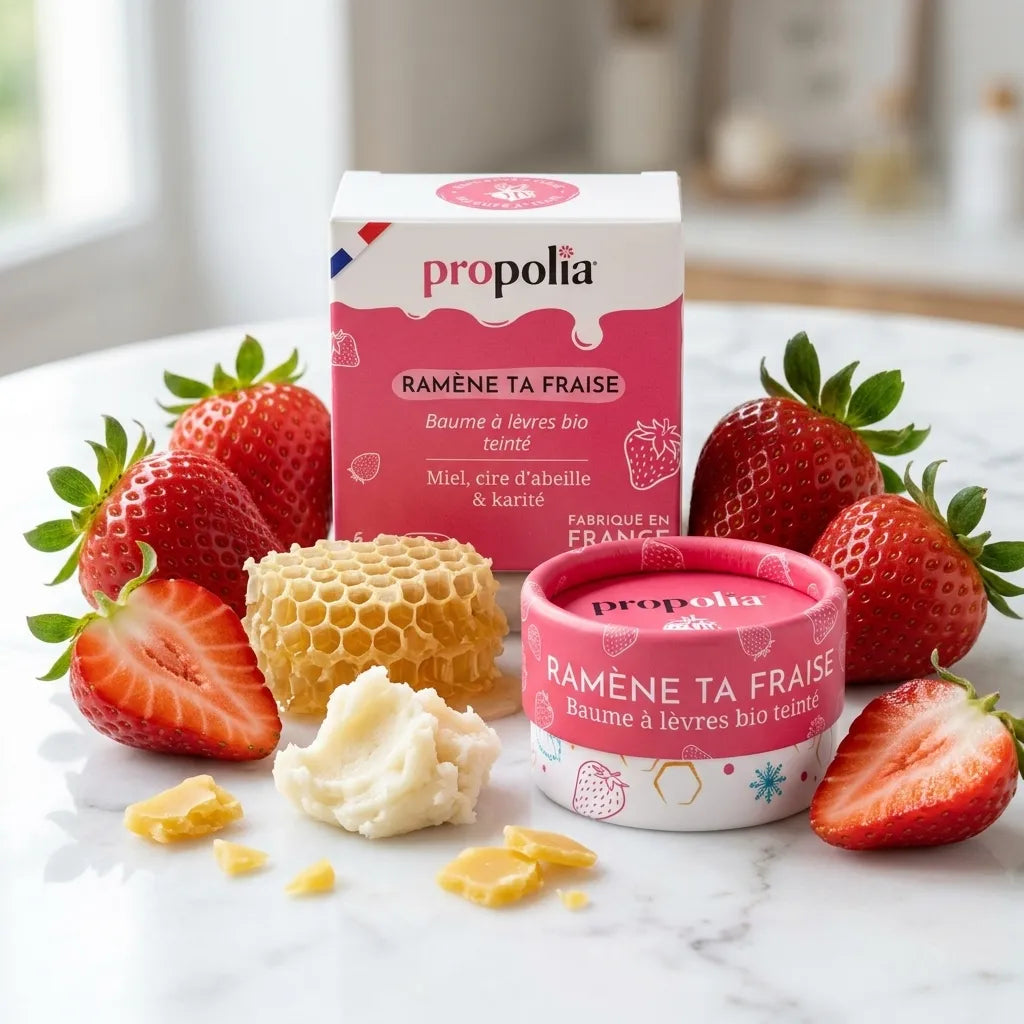 Propolia Baume à lèvres Bio Teinté Ramène ta Fraise avec fraises, miel et ingrédients naturels