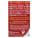 Zoom sur l'étiquette au dos du pot de propolis ultra en poudre de Propolia