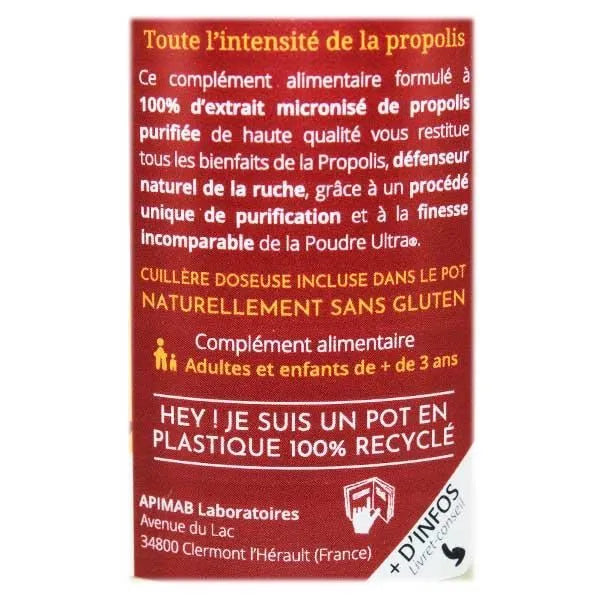 Zoom sur l'étiquette au dos du pot de propolis ultra en poudre de Propolia
