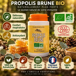 Propolis Brune Bio 120 gélules Abeille Forestière bouteille certifiée AB avec étiquette jaune sur fond forêt