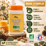 Propolis Brune Bio Abeille Forestière 120 gélules avec mode d'emploi et certifications AB bio Fabriqué France