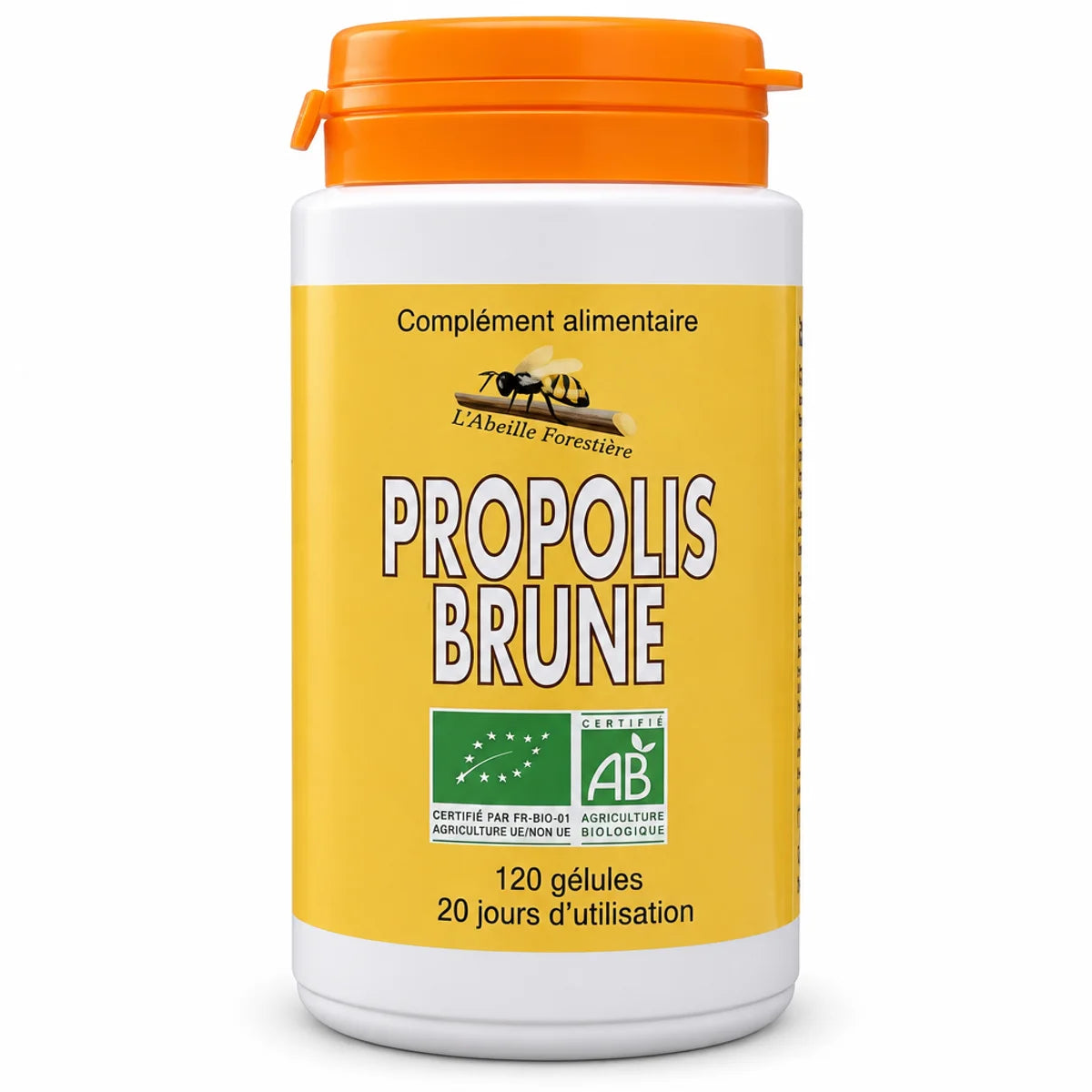 Propolis Brune bio 120 gélules Abeille Forestière, flacon blanc et doré avec certification AB