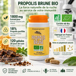 Propolis Brune Bio 120 gélules Abeille Forestière - Flacon certifié AB avec étiquette spécifications nutritionnelles et dosage