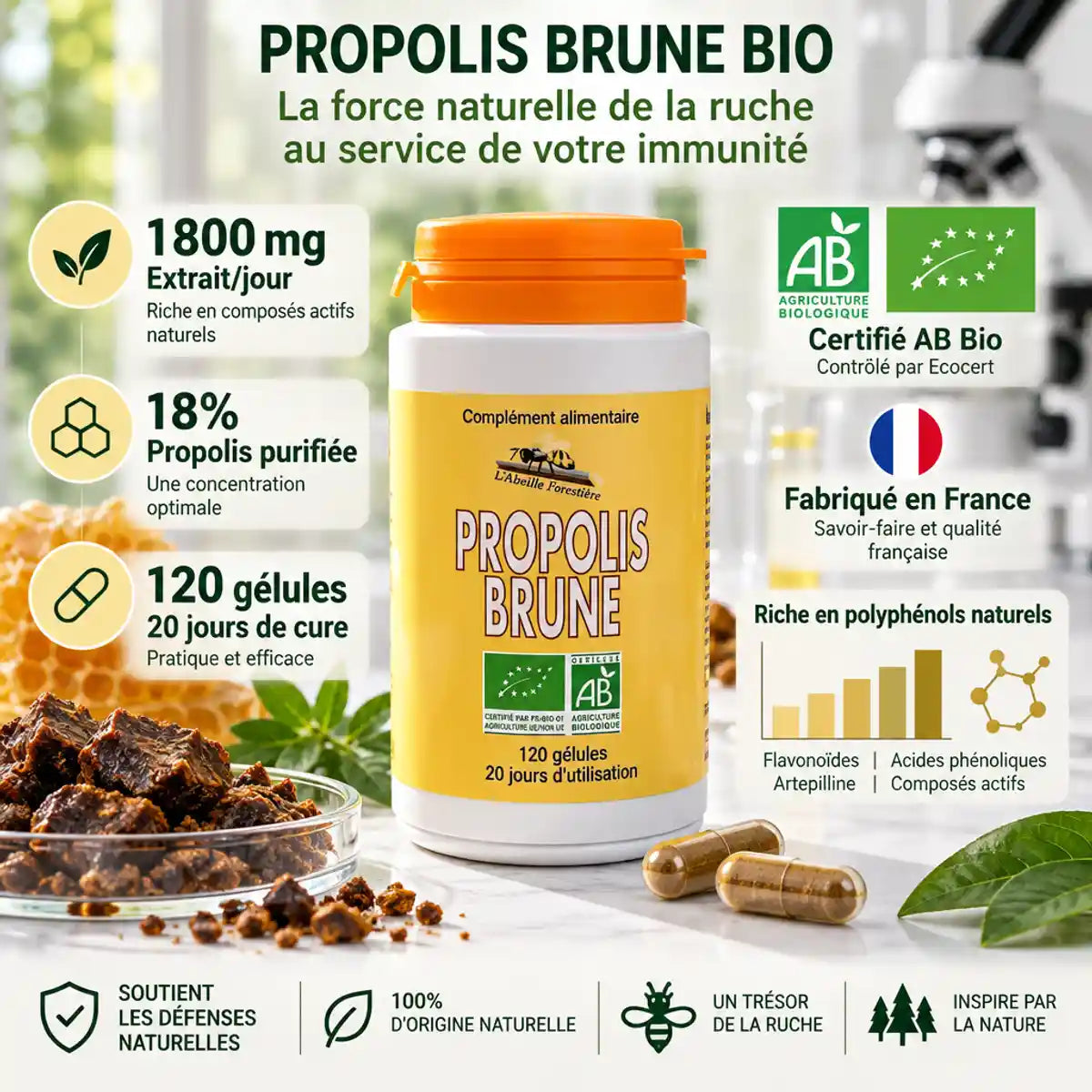 Propolis Brune Bio 120 gélules Abeille Forestière - Flacon certifié AB avec étiquette spécifications nutritionnelles et dosage