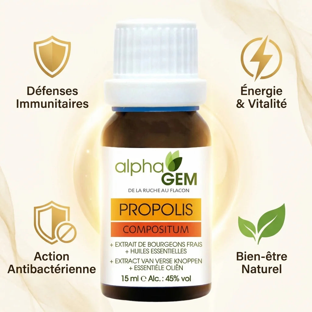 Propolis Compositum Bio Alphagem 15ml avec bénéfices : immunité, énergie, antibactérien, bien-être