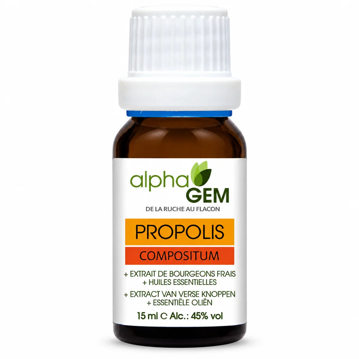 Flacon en verre ambré de Propolis Compositum Bio 15 ml d'Alphagem, étiquette verte alphaGEM, sur fond blanc