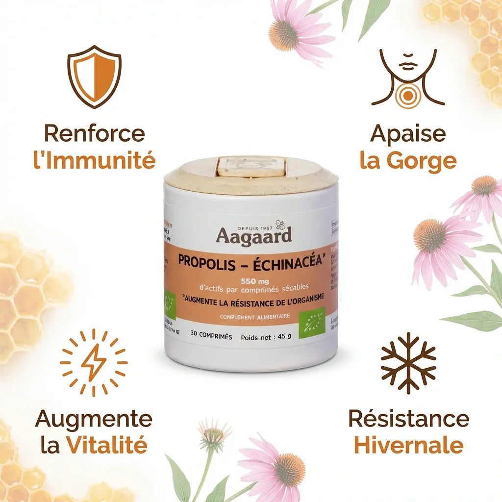 Propolis Échinacéa 550mg Aagaard avec bénéfices immunité, gorge, vitalité et résistance hivernale