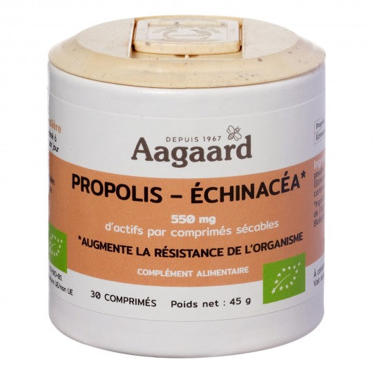 Une boite de Propolis et Échinacéa dosée à 550 mg de 30 comprimés de la marque Aagaard