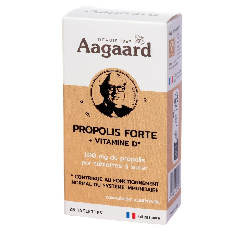 Une boite de 28 tablettes à sucer de Propolis forte avec Vitamine D de la marque Aagaard