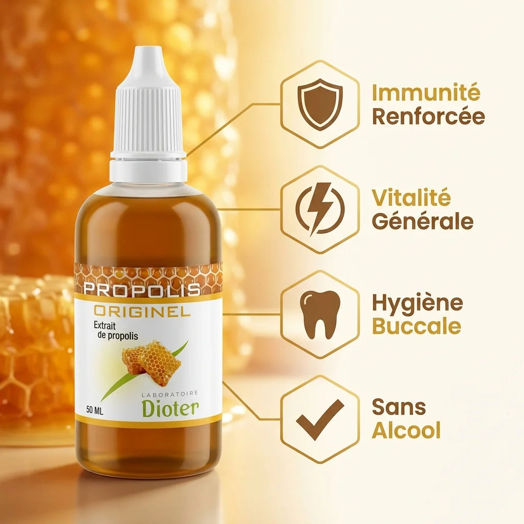 Propolis Originel 50ml Dioter avec bénéfices : immunité, vitalité, hygiène buccale, sans alcool